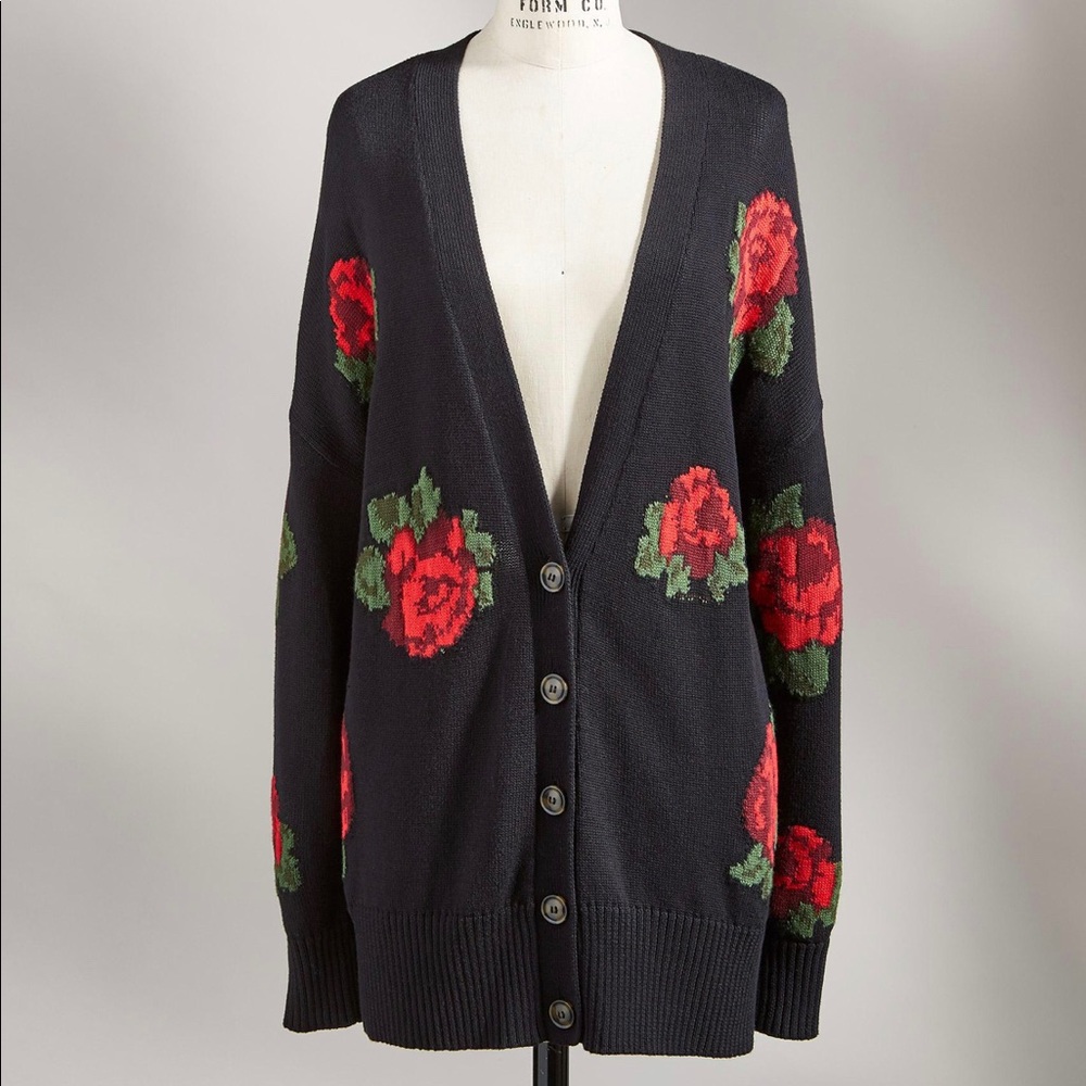 Sanctuary Black Cardigan with Red Rose Intarsia